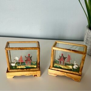 Vintage Bamboo Glass Dioramas Glass Shadow Boxes
Pair